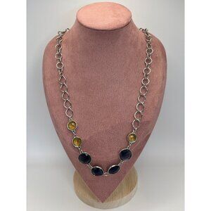 Chico's Silver Tone Statement Necklace Faceted Blue and Yellow Glass Stone NEW